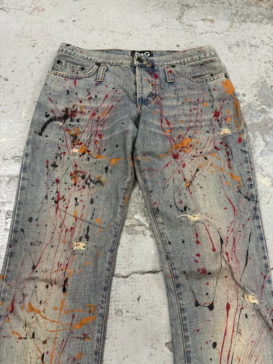2000s Dolce & Gabbana Blue Abstract Painted Denim Jeans mfYBfbL 9