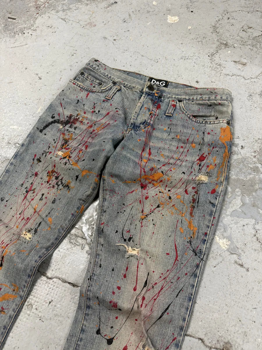 2000s Dolce & Gabbana Blue Abstract Painted Denim Jeans mfYBfbL 8