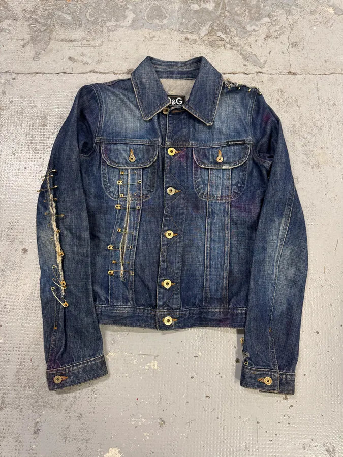2000s Dolce & Gabbana Blue Denim Golden Safety Pin Distressed Jacket ekpcDpZ 0