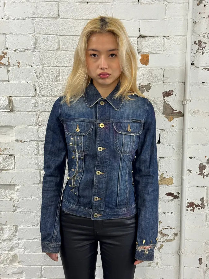 2000s Dolce & Gabbana Blue Denim Golden Safety Pin Distressed Jacket ekpcDpZ 1