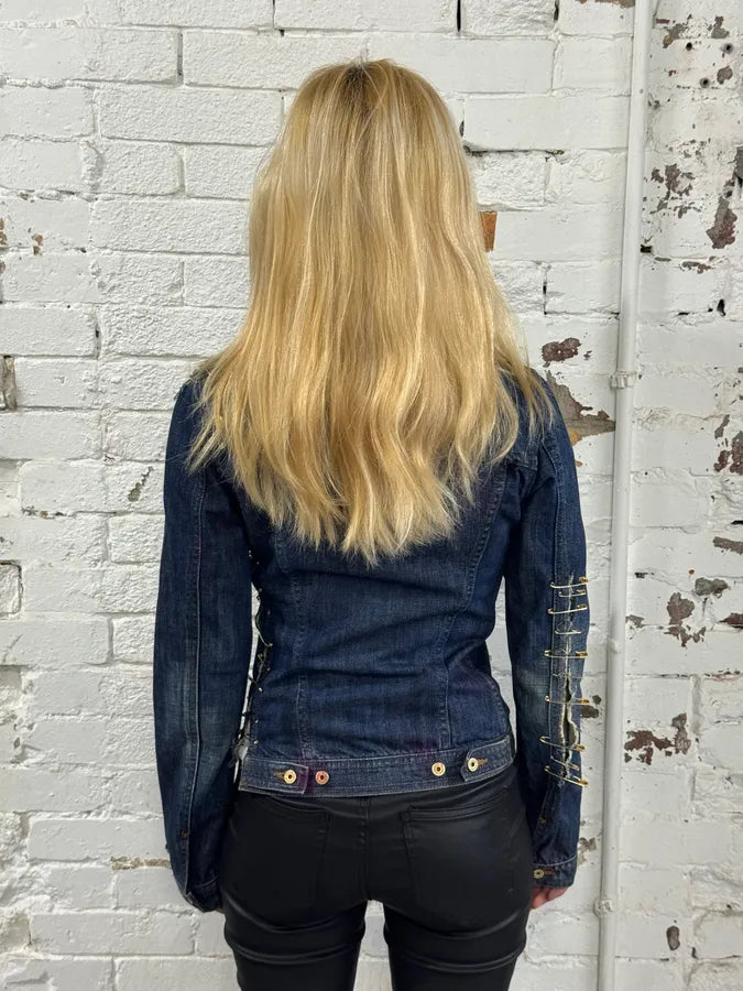 2000s Dolce & Gabbana Blue Denim Golden Safety Pin Distressed Jacket ekpcDpZ 2