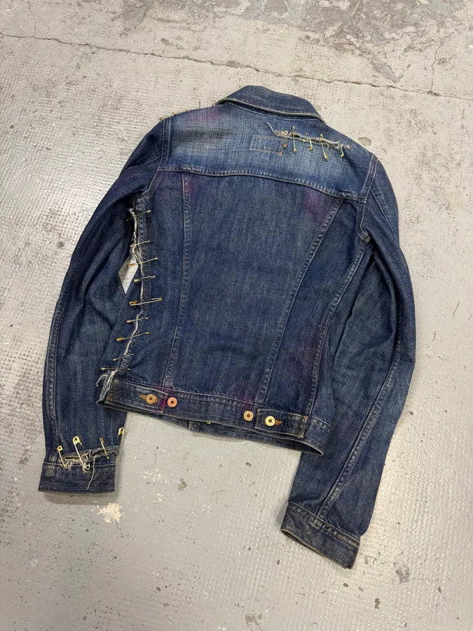 2000s Dolce & Gabbana Blue Denim Golden Safety Pin Distressed Jacket ekpcDpZ 3
