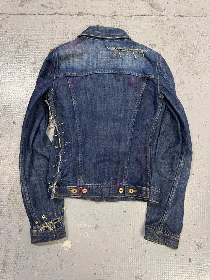 2000s Dolce & Gabbana Blue Denim Golden Safety Pin Distressed Jacket ekpcDpZ 5