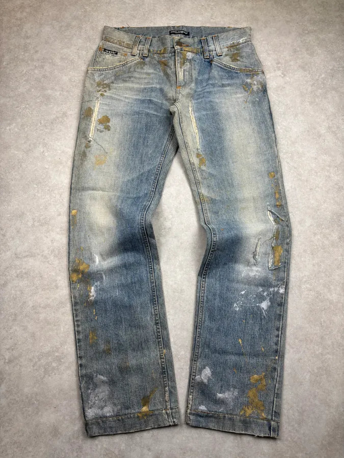 AW2005 Dolce & Gabbana Blue Denim Paint Splatter Jeans sFRPoUk 0