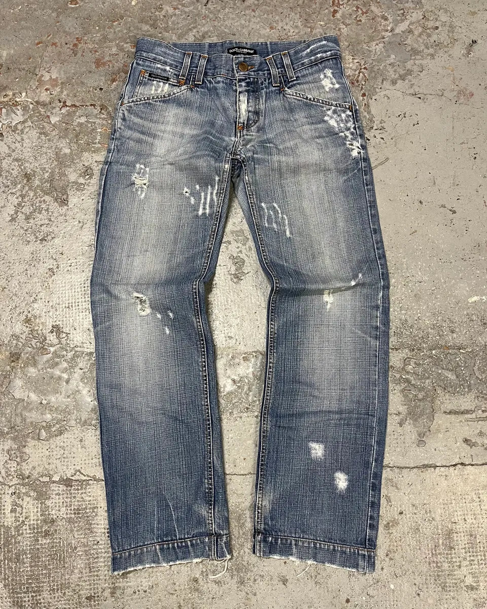 2000s Dolce & Gabbana Blue Distressed Denim Jeans LQmJwQl 0