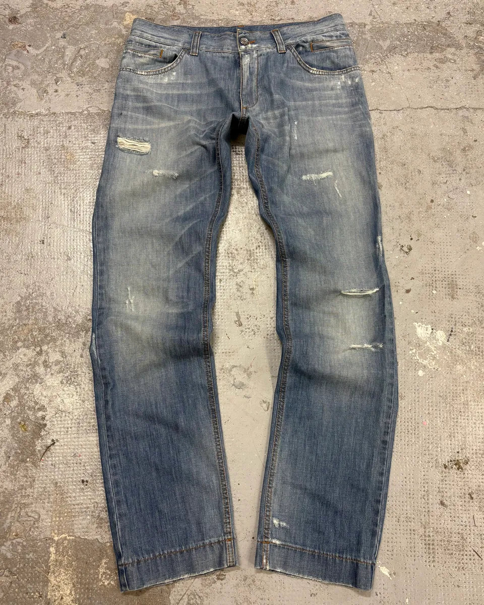 2000s Dolce & Gabbana Blue Distressed Denim Jeans JaIAZkp 0