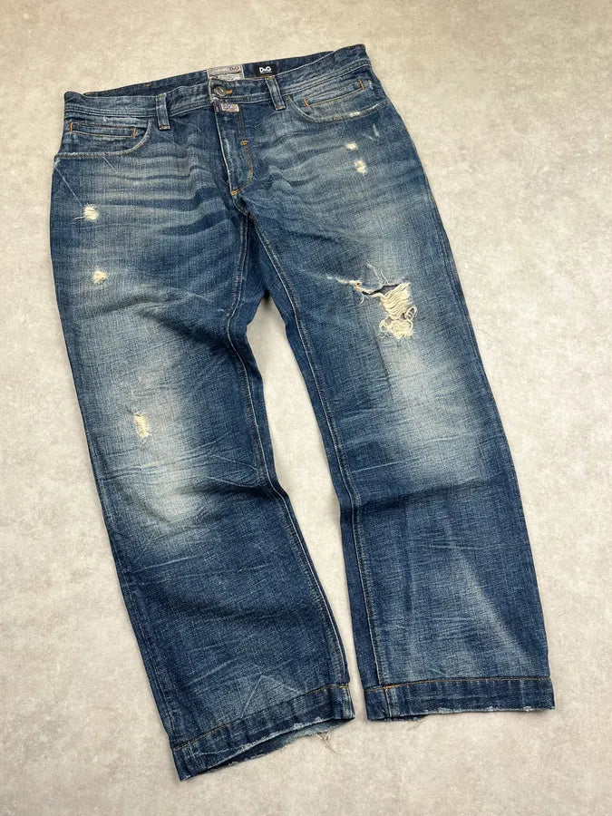 2000s Dolce & Gabbana Blue Faded Distressed Denim Large Jeans dmuGDfe 4