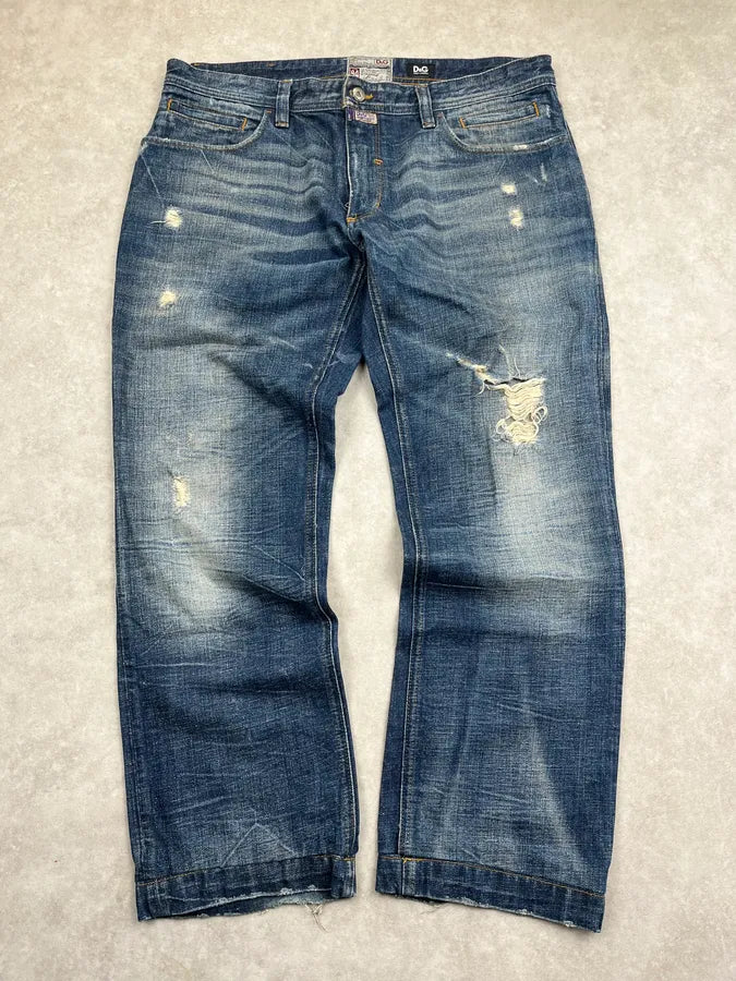 2000s Dolce & Gabbana Blue Faded Distressed Denim Large Jeans dmuGDfe 0