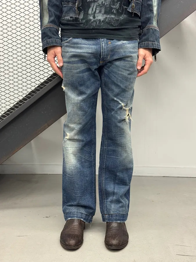 2000s Dolce & Gabbana Blue Faded Distressed Denim Large Jeans dmuGDfe 1