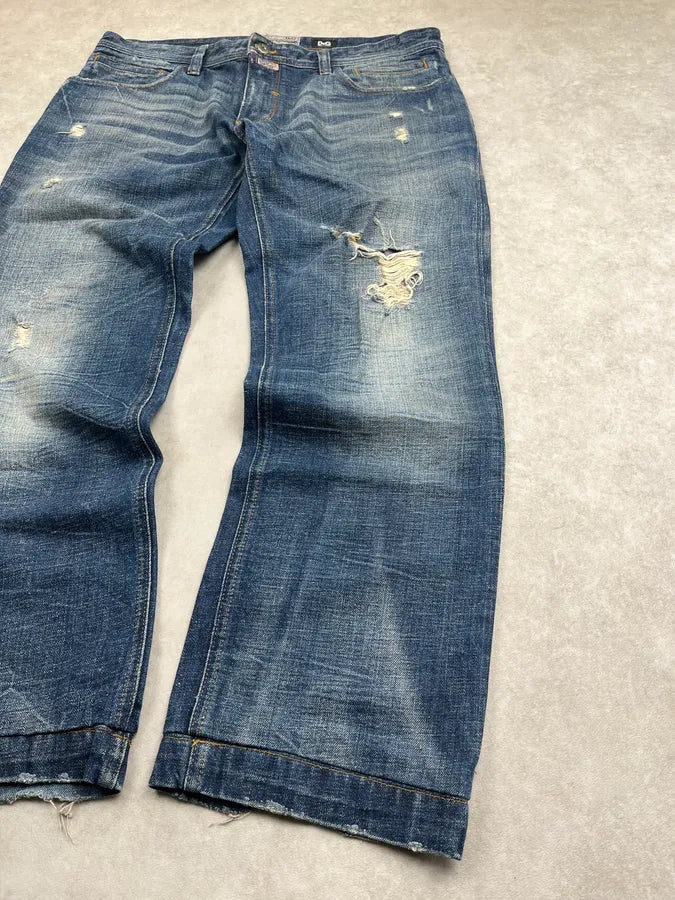 2000s Dolce & Gabbana Blue Faded Distressed Denim Large Jeans dmuGDfe 6