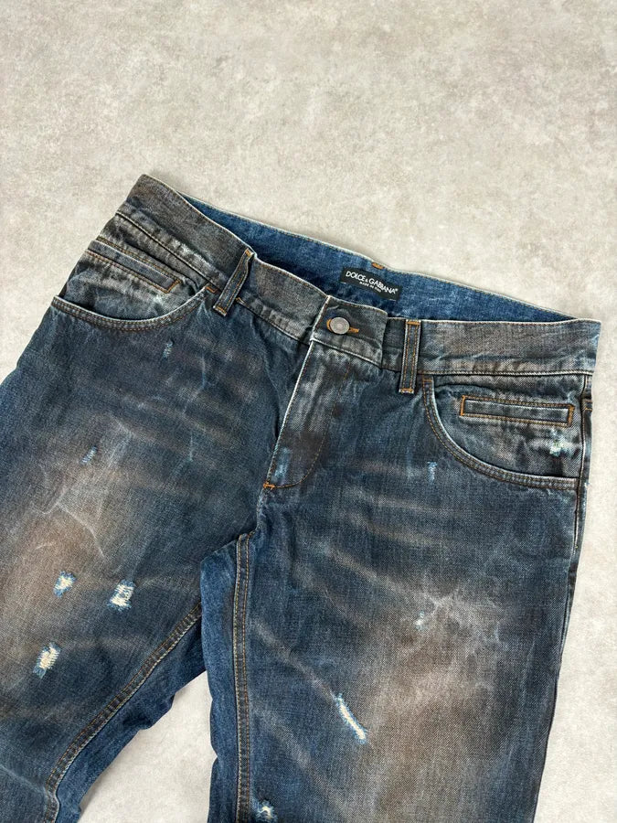AW2005 Dolce & Gabbana Blue Faded Distressed Denim Jeans ezKCPkR 4