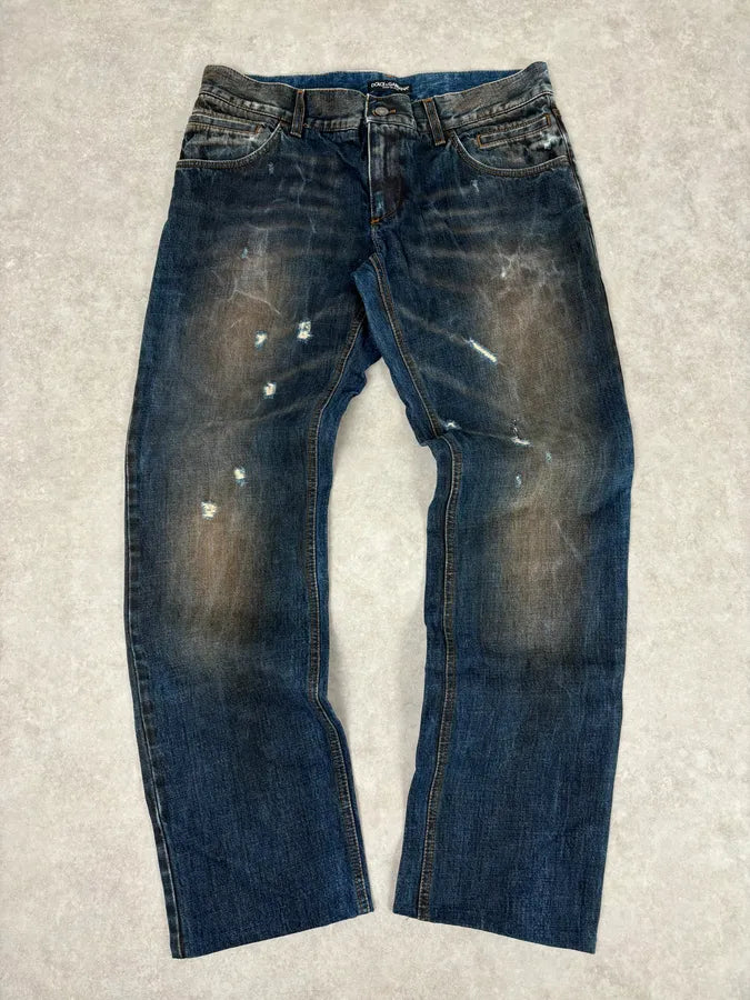 AW2005 Dolce & Gabbana Blue Faded Distressed Denim Jeans ezKCPkR 0