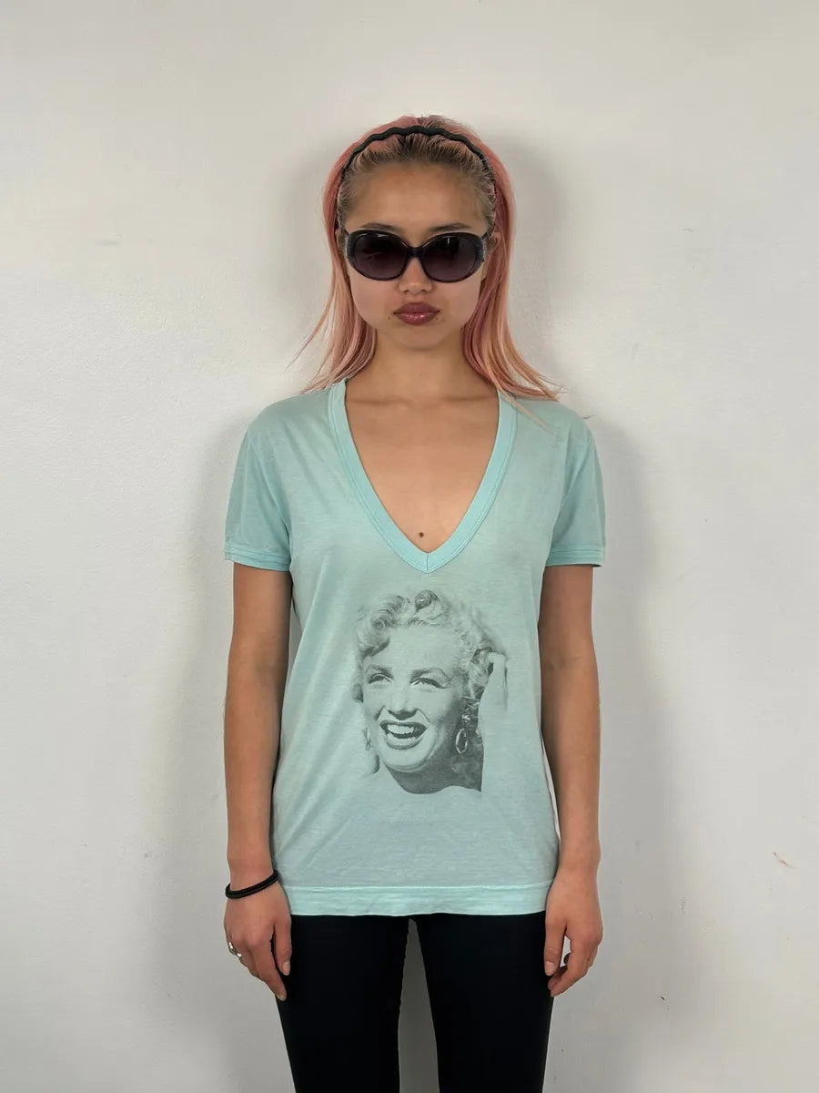 2000s Dolce & Gabbana Blue Marilyn Monroe V-Neck T-Shirt XuQJzJB 0