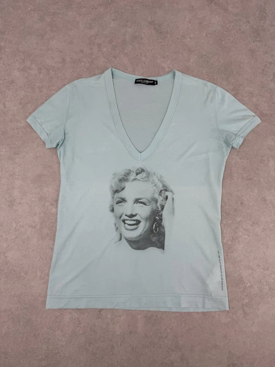 2000s Dolce & Gabbana Blue Marilyn Monroe V-Neck T-Shirt XuQJzJB 2
