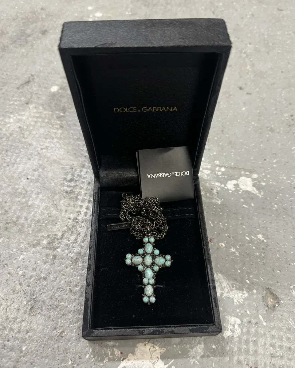 2000s Dolce & Gabbana Blue Onyx Cross Pearl Pendant Necklace (OS) 0