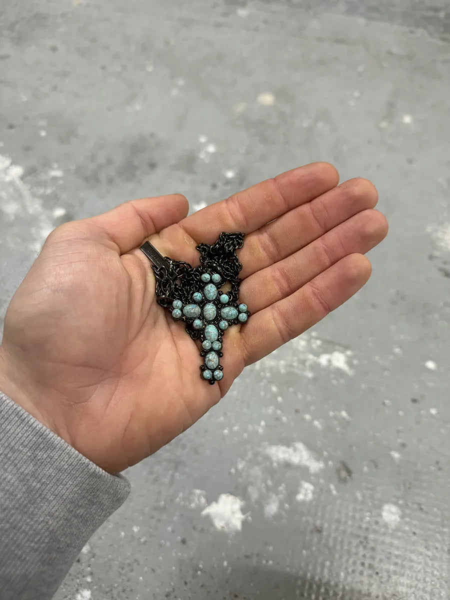 2000s Dolce & Gabbana Blue Onyx Cross Pearl Pendant Necklace (OS) 2