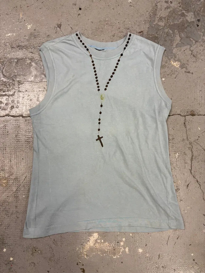 2000s Dolce & Gabbana Blue Rosary Cross Tank Top (S) SBjGrdg 0
