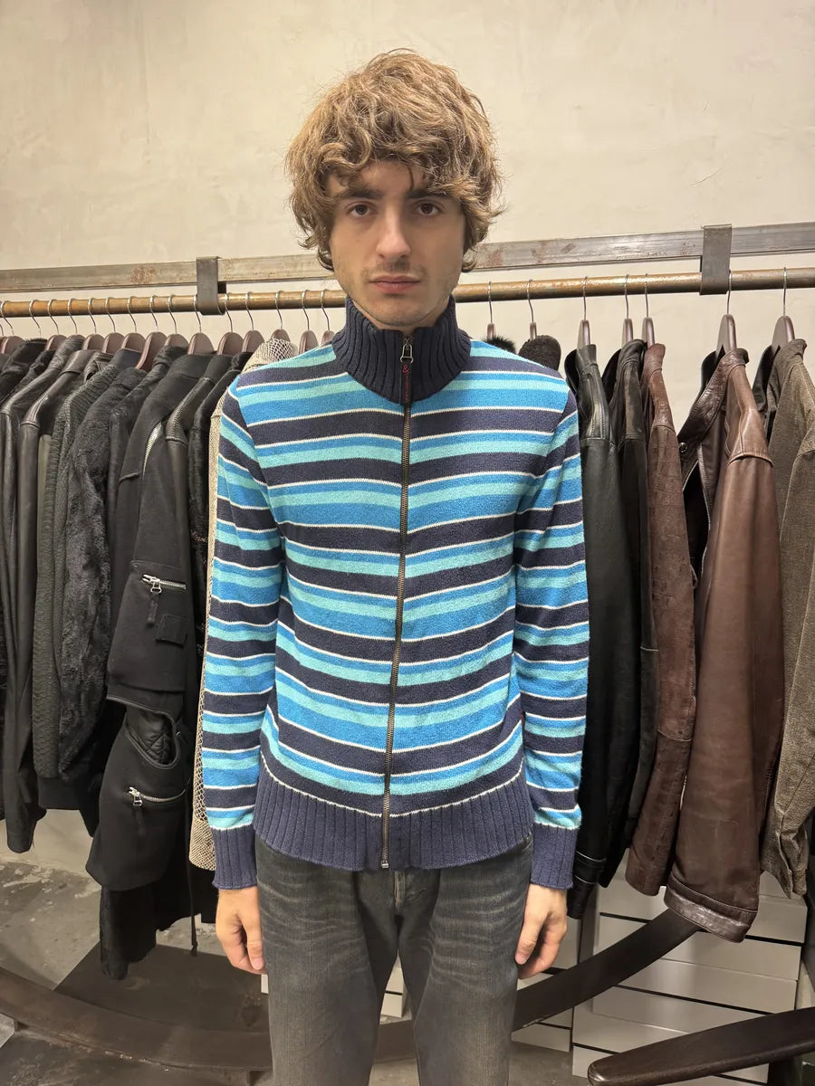 2000s Dolce & Gabbana Blue Striped Lined Zip-Up Sweater (S) LoMHTax 2