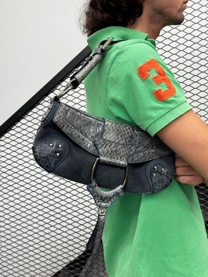 SS2003 Dolce & Gabbana Blue Suede Python Leather Shoulder Bag YvvblrP 3