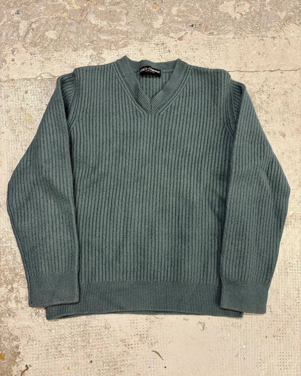 2000s Dolce & Gabbana Blue Wool V-Neck Sweater lbqYjwL 0