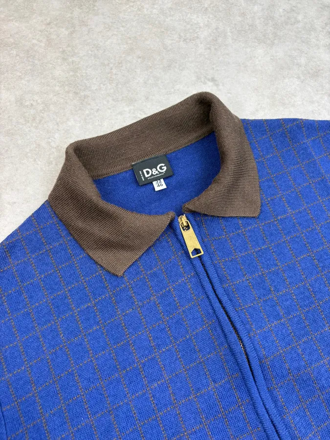 2000s Dolce & Gabbana Blue Wool Zip-Up Contrast Collar Sweater GhezQkr 4