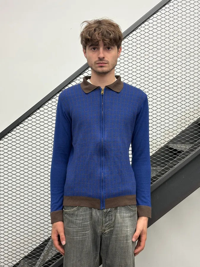 2000s Dolce & Gabbana Blue Wool Zip-Up Contrast Collar Sweater GhezQkr 1
