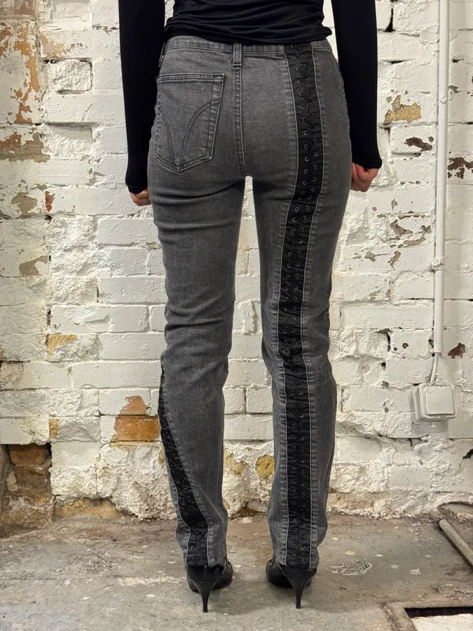 2000s Dolce & Gabbana Bondage Corset Grey Denim Jeans rQmEsaA 3