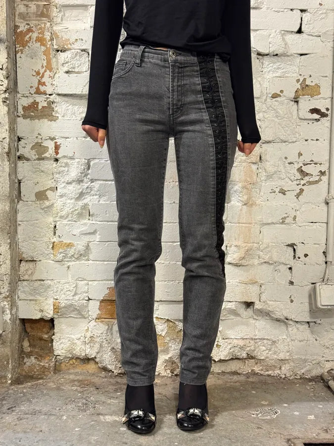 2000s Dolce & Gabbana Bondage Corset Grey Denim Jeans rQmEsaA 1