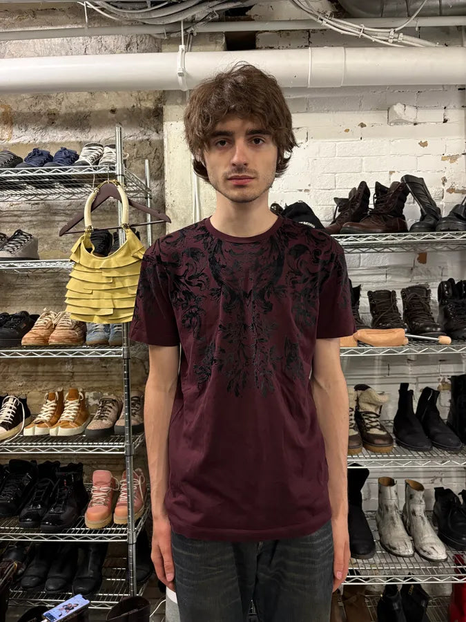 2000s Dolce & Gabbana Bordeaux Black Embroidered Tee-Shirt (S/M) wfquDJB 1