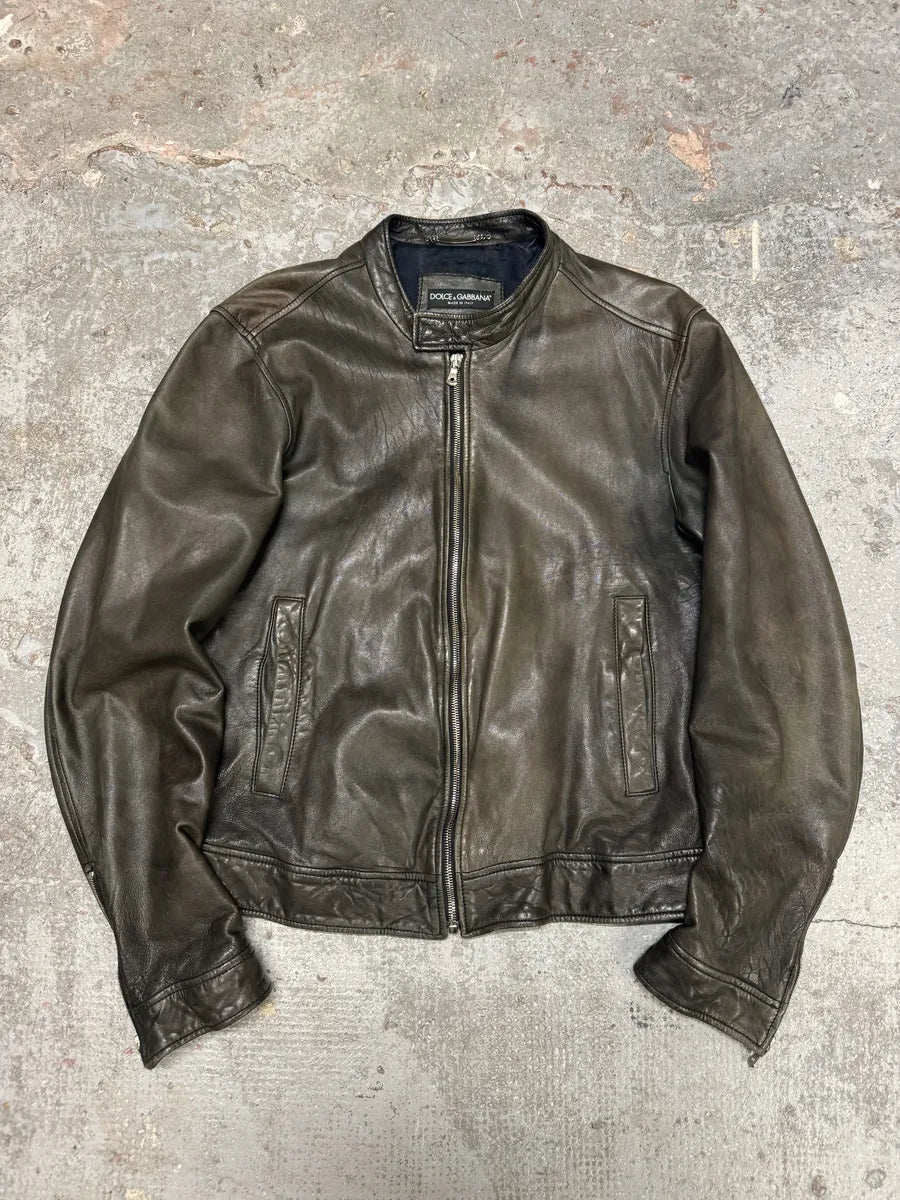 2000s Dolce & Gabbana Brown Biker Lambskin Leather Jacket (M) 0