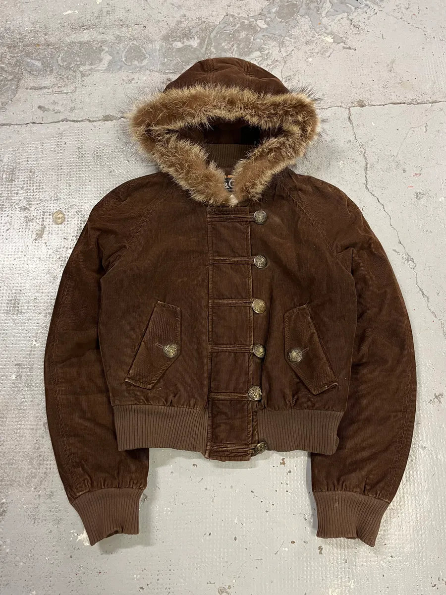 2000s Dolce & Gabbana Brown Corduroy Fur Hood Buttoned Jacket xXWapcx 0