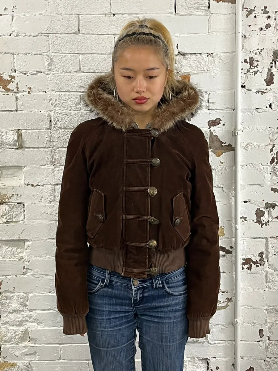 2000s Dolce & Gabbana Brown Corduroy Fur Hood Buttoned Jacket xXWapcx 1