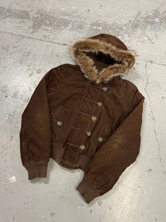 2000s Dolce & Gabbana Brown Corduroy Fur Hood Buttoned Jacket xXWapcx 3