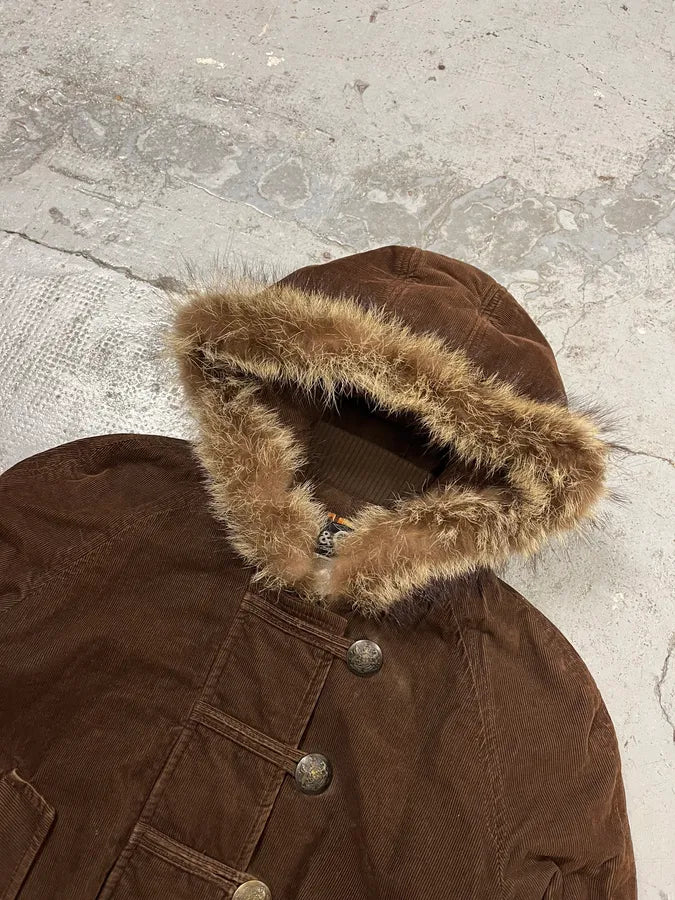 2000s Dolce & Gabbana Brown Corduroy Fur Hood Buttoned Jacket xXWapcx 4