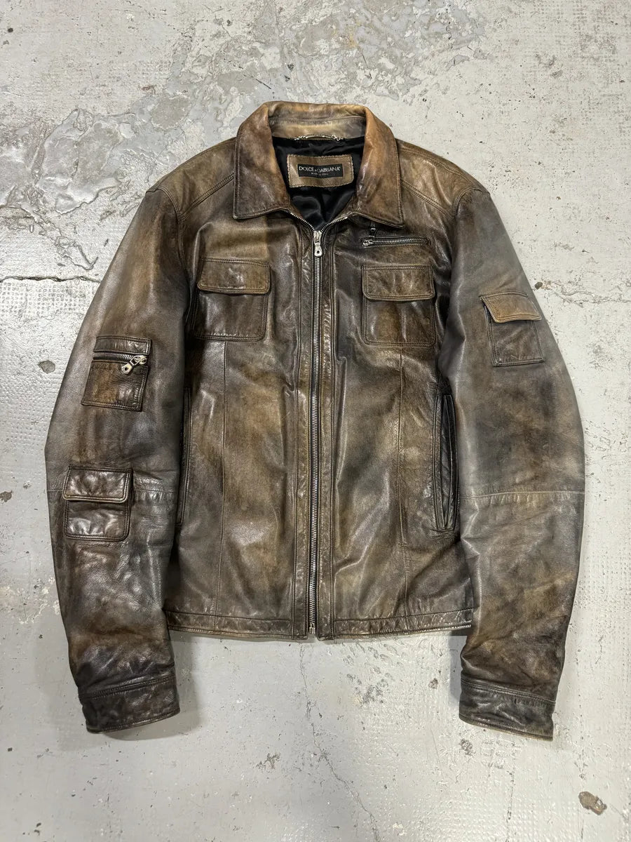 2000s Dolce & Gabbana Brown Eroded Leather Jacket plAPQfi 0