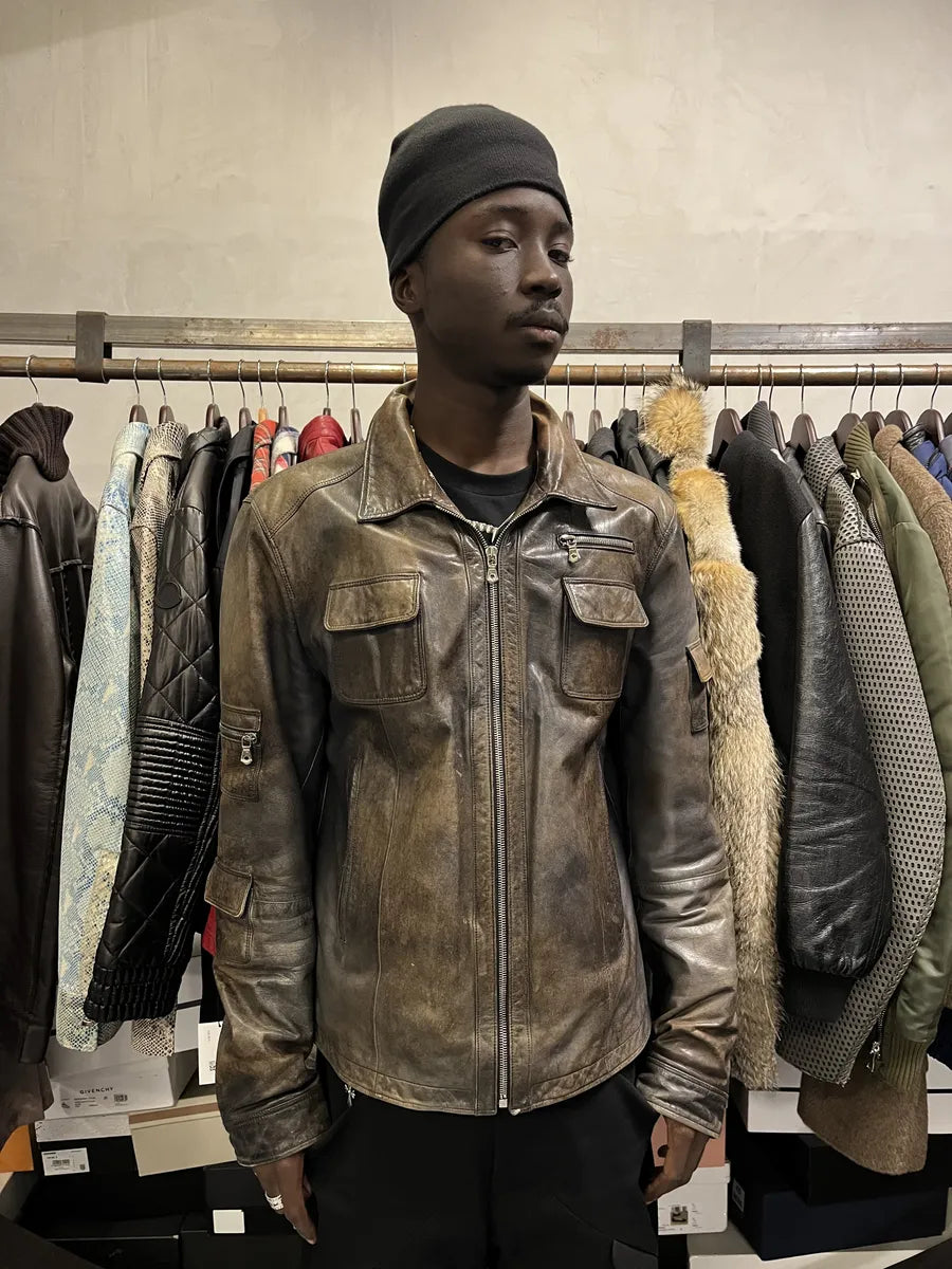 2000s Dolce & Gabbana Brown Eroded Leather Jacket plAPQfi 1