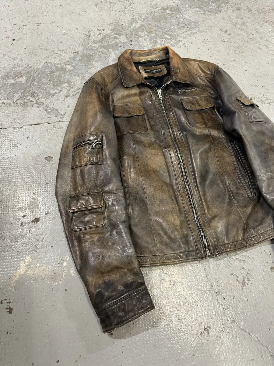 2000s Dolce & Gabbana Brown Eroded Leather Jacket plAPQfi 4
