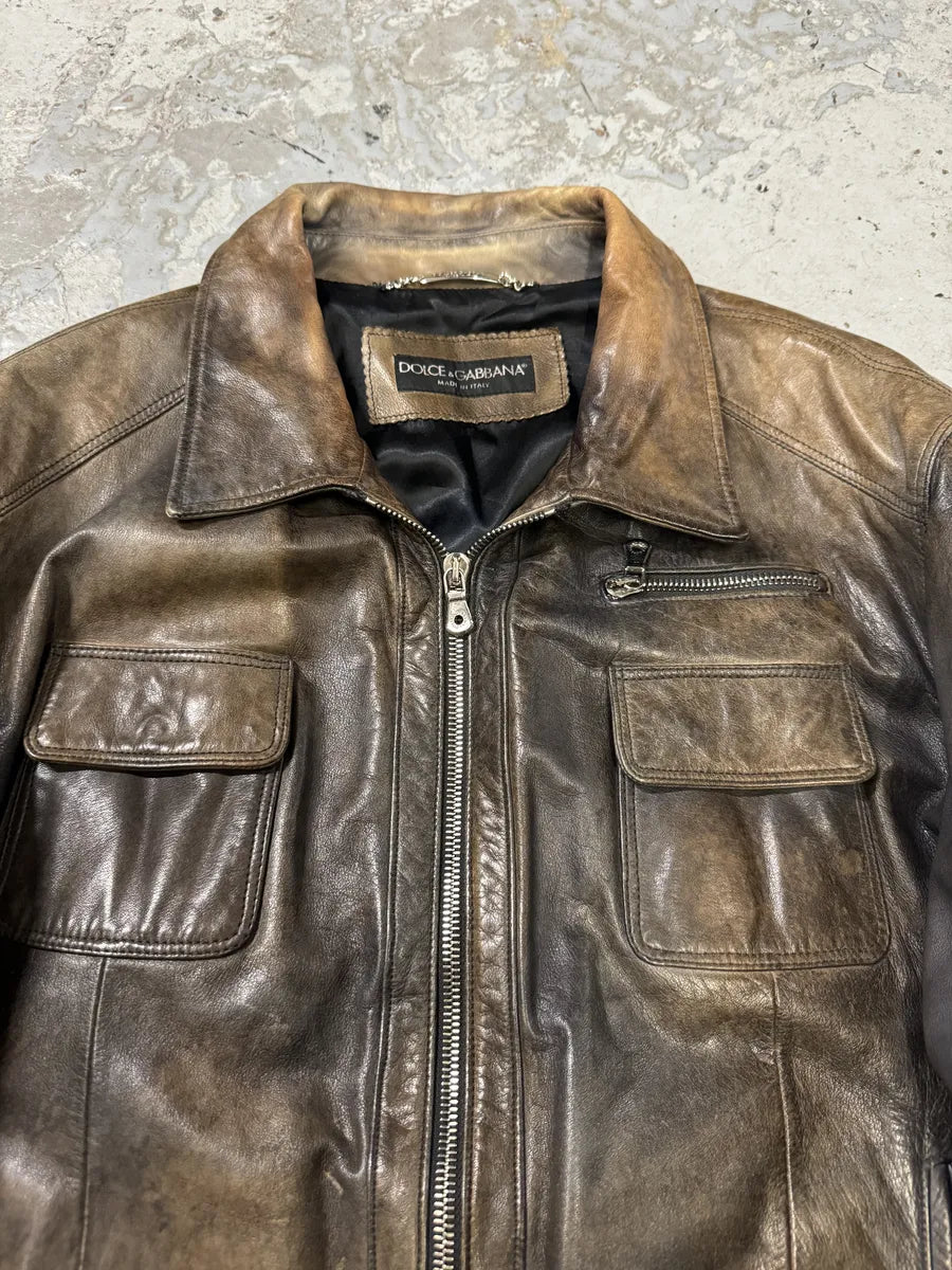 2000s Dolce & Gabbana Brown Eroded Leather Jacket plAPQfi 5
