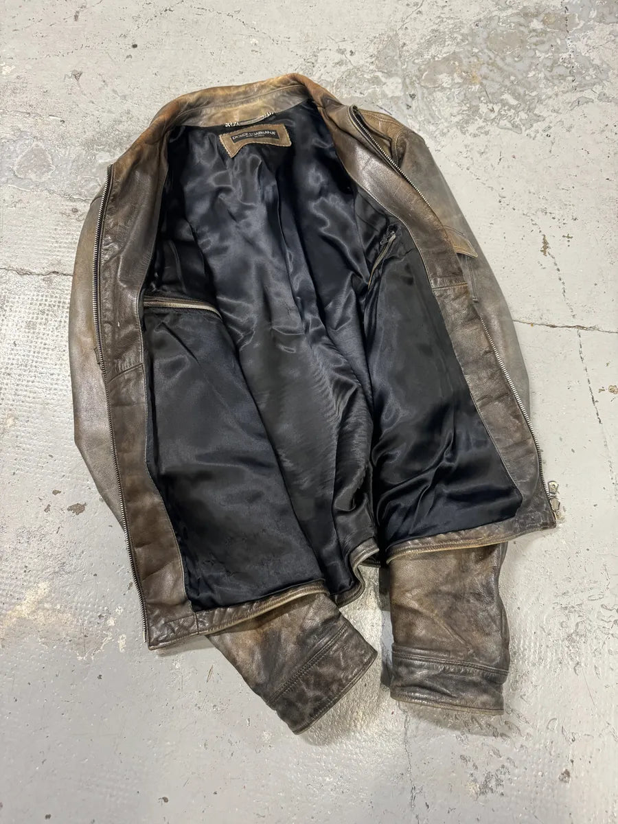 2000s Dolce & Gabbana Brown Eroded Leather Jacket plAPQfi 7