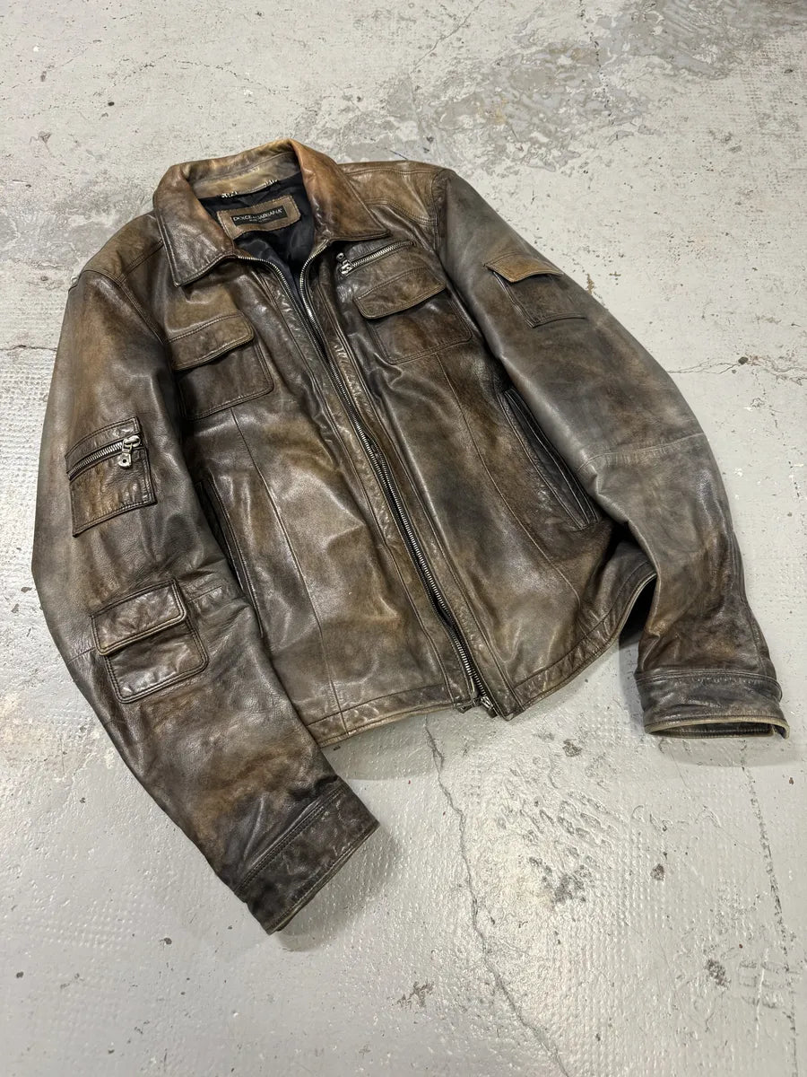 2000s Dolce & Gabbana Brown Eroded Leather Jacket plAPQfi 8