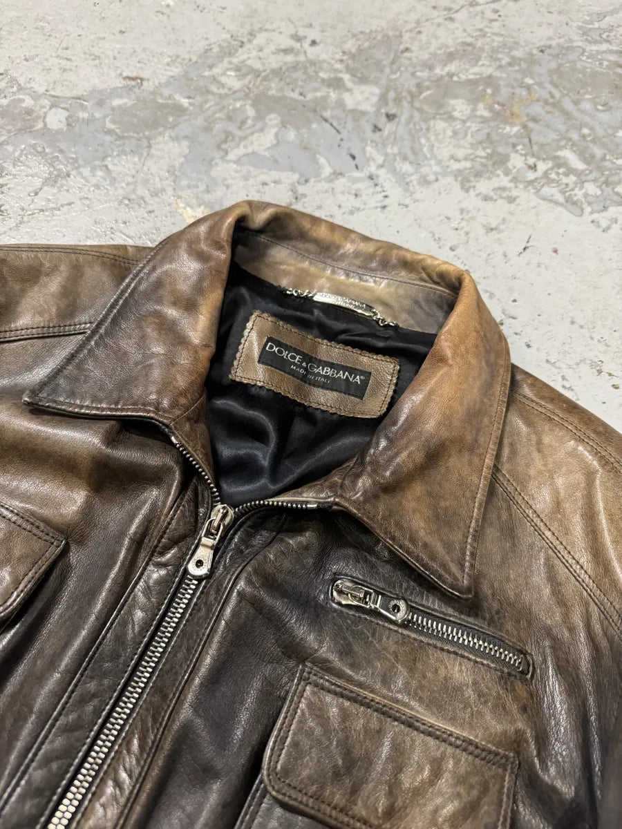 2000s Dolce & Gabbana Brown Eroded Leather Jacket plAPQfi 9