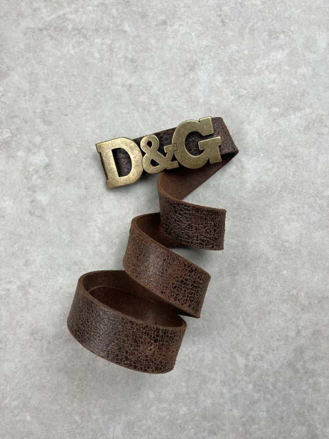 2000s Dolce & Gabbana Brown Eroded Leather Logo Belt YJTJgau 2