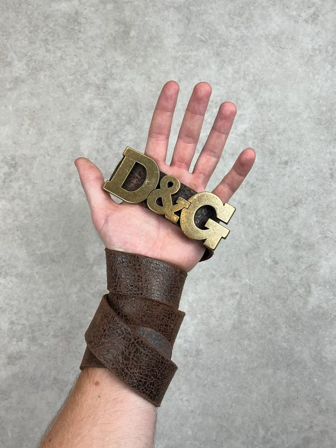 2000s Dolce & Gabbana Brown Eroded Leather Logo Belt YJTJgau 1