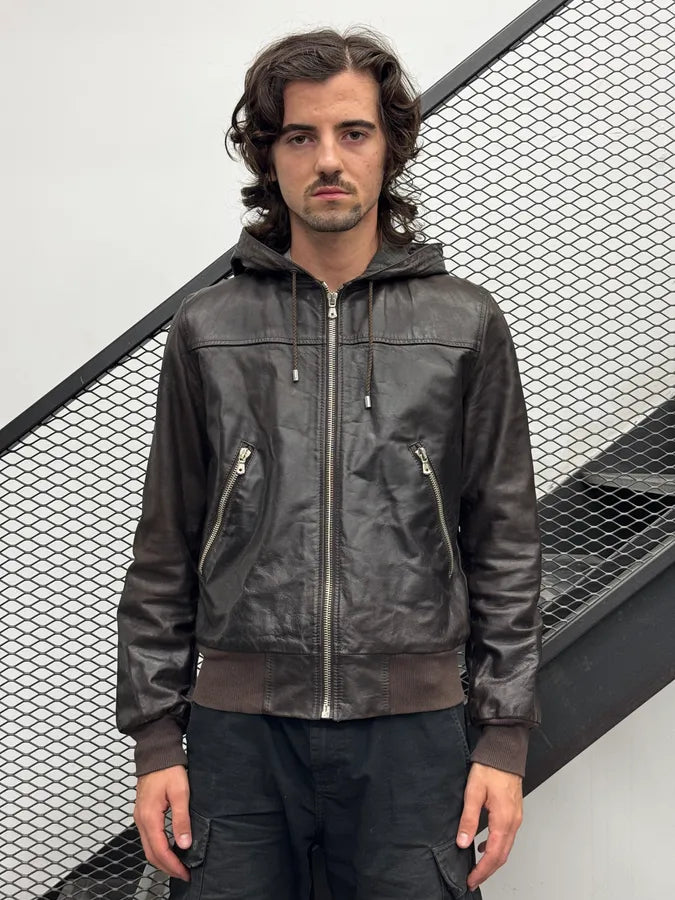 AW2003 Dolce & Gabbana Brown Front Zips Hooded Leather Jacket vjeNPWo 3