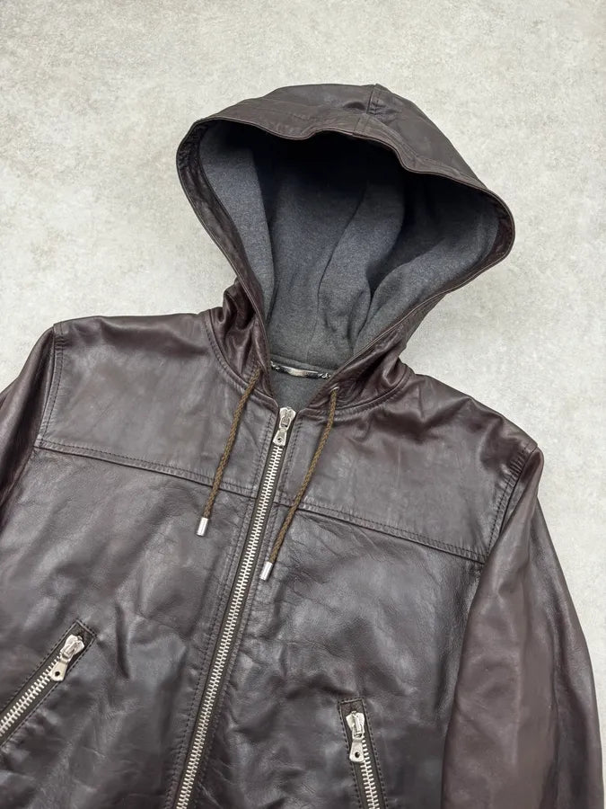 AW2003 Dolce & Gabbana Brown Front Zips Hooded Leather Jacket vjeNPWo 5