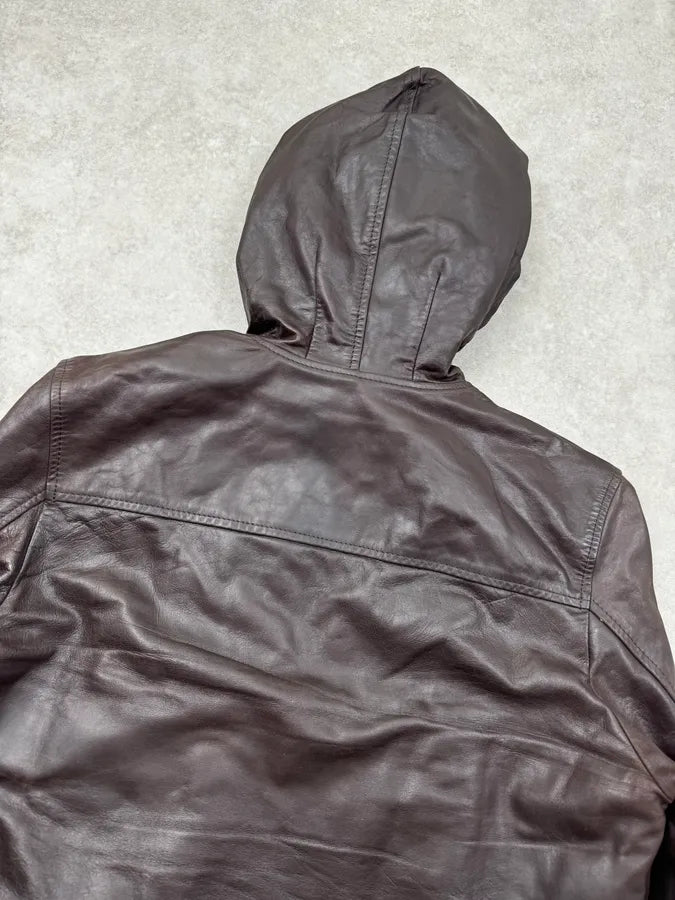 AW2003 Dolce & Gabbana Brown Front Zips Hooded Leather Jacket vjeNPWo 6