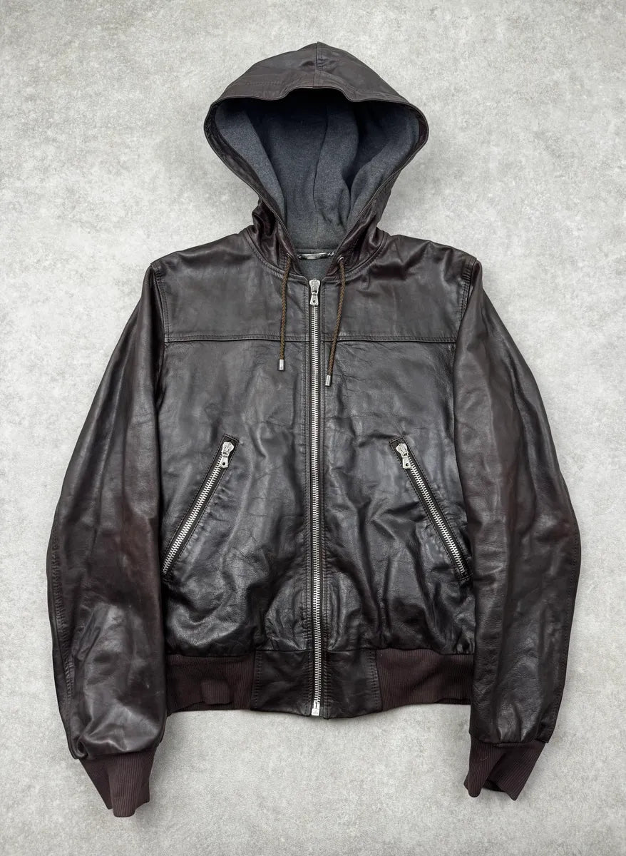 AW2003 Dolce & Gabbana Brown Front Zips Hooded Leather Jacket vjeNPWo 0