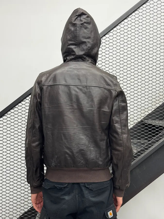 AW2003 Dolce & Gabbana Brown Front Zips Hooded Leather Jacket vjeNPWo 4