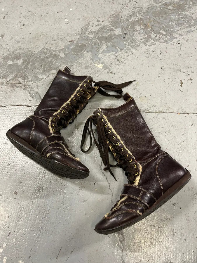 2000s Dolce & Gabbana Brown Fur Ankle Leather Boxing Boots CVsCzxY 1