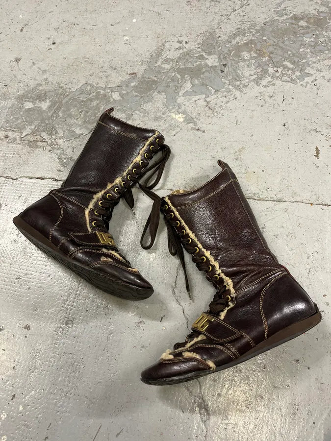 2000s Dolce & Gabbana Brown Fur Ankle Leather Boxing Boots CVsCzxY 2